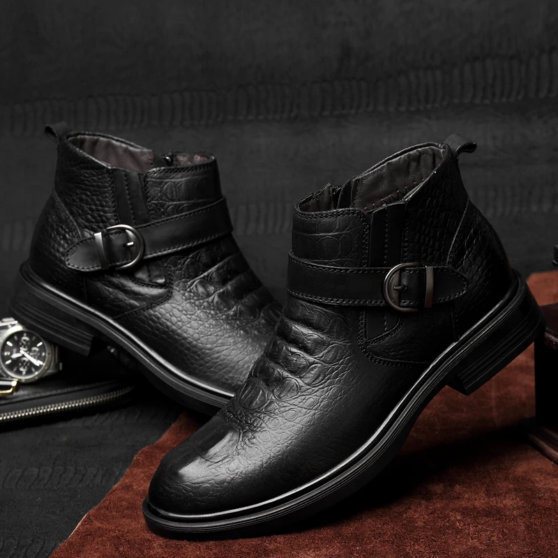 Winter Boots New Luxury Brand Plus Hair Men Boots High Top Crocodile Leather Shoes Men Business Ankle Leather Snow