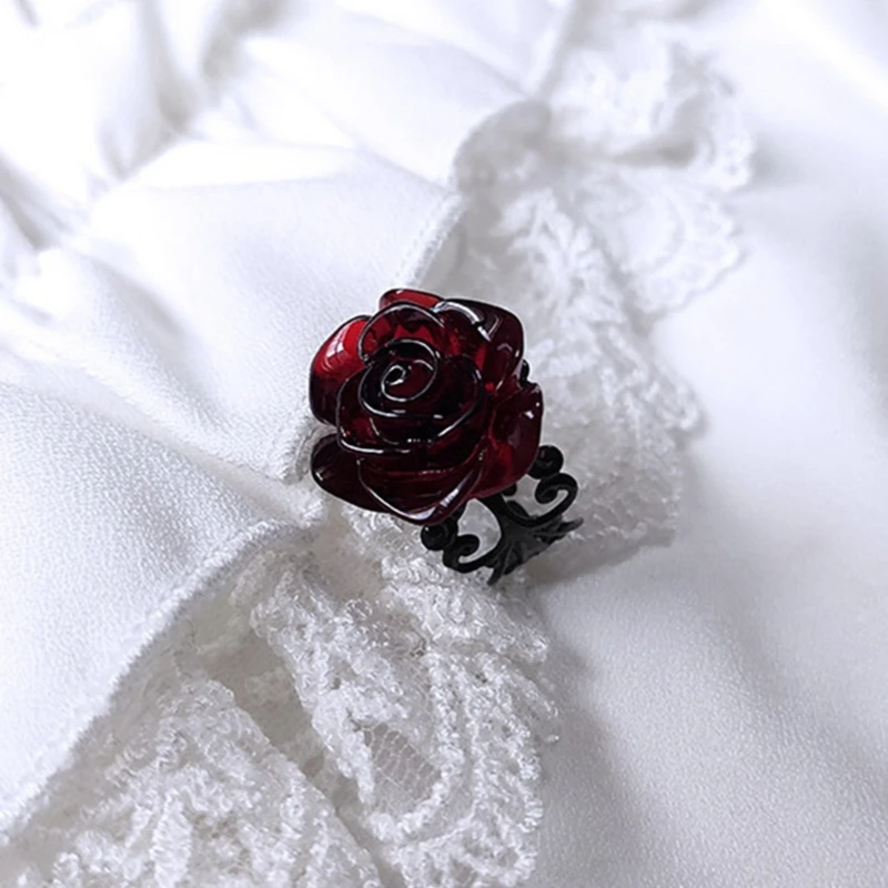 Red Rose Gothic Victorian Rings Adjustable Finger Rings Goth Trendy Flower Open Rings Halloween Party Jewelry Wedding 3