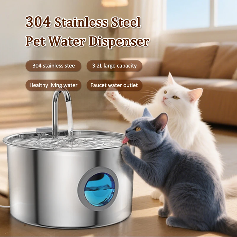 Cat Water Fountain 304 Stainless Steel Water Fountain 108oz Ultra-quiet Water Pump Automatic Water Dispenser for Cat and Puppies Cat Water Fountain 304 Stainless Steel Water Fountain 108oz Ultra-quiet Water Pump Automatic Water Dispenser for Cat and Puppies