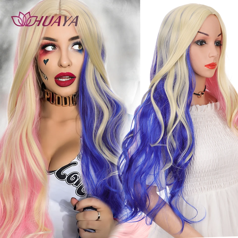 Long Wavy Synthetic Wig with Bang Half Pink Half Blue Quinn Cosplay Wig for Women Heat Resistant