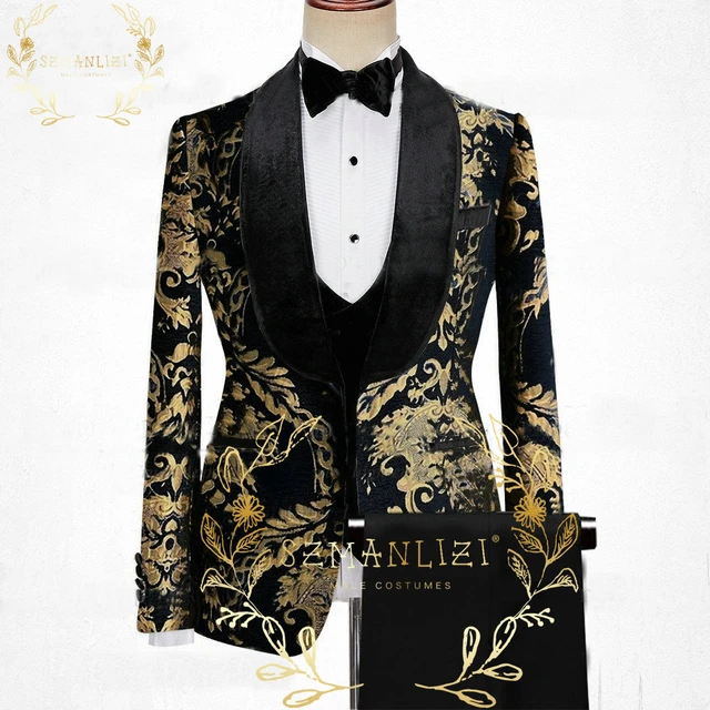 Jacquard Floral Suits for Men Wedding Black Gold Jacket Black Pant