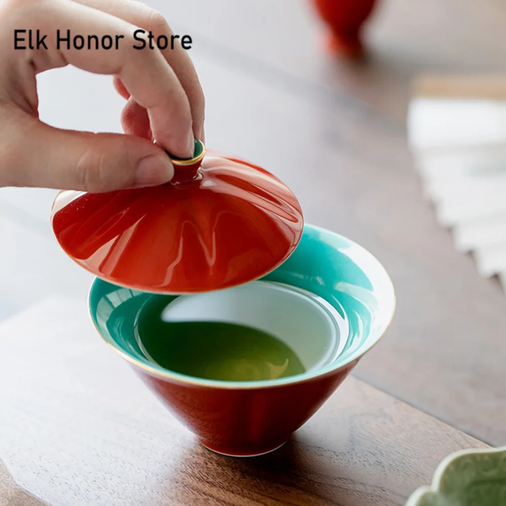 110ml Retro Palace Museum Red Ceramic Tea Tureen Bamboo Hat Non Hot Cover Bowl Chinese Tea Maker Gaiwan Ceremony Set