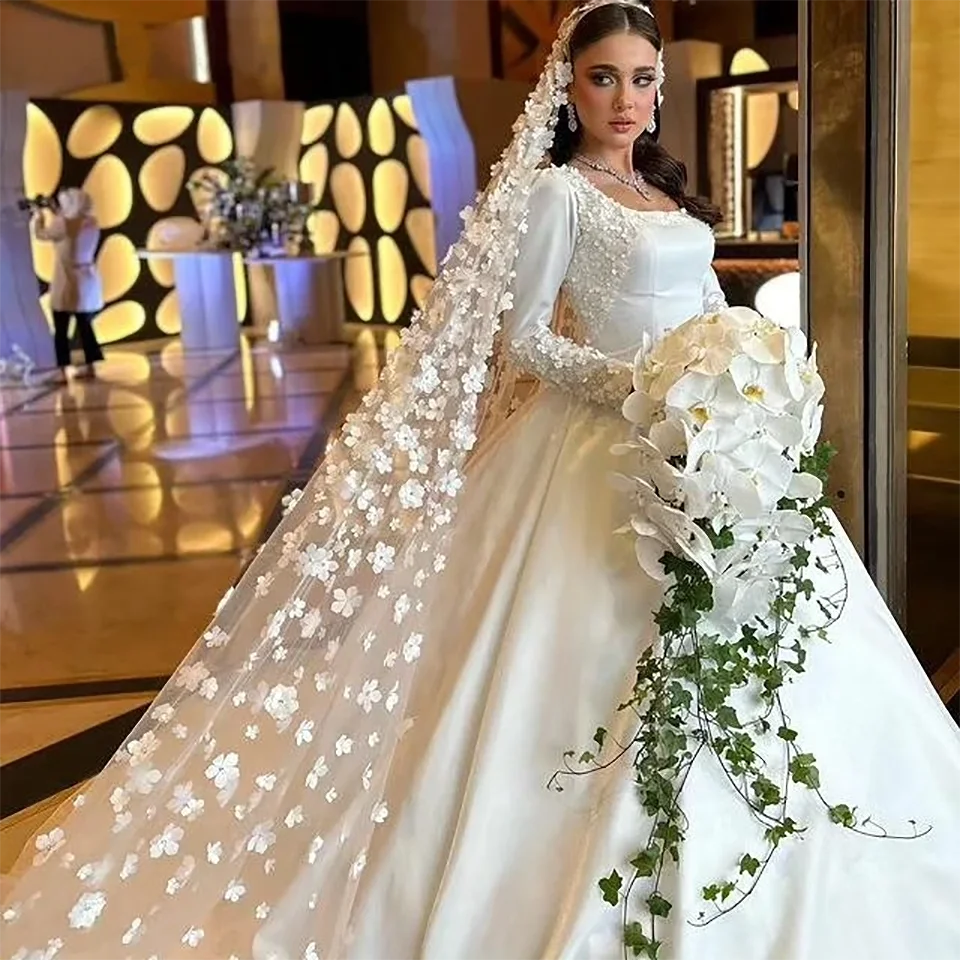 Maßgeschneiderte Blumenapplikationen Ballkleid Satin Hochzeitskleid 2026 Prinzessin Quadratischer Ausschnitt Lange Ärmel Brautkleider Vestidos De Novia – Detail 3