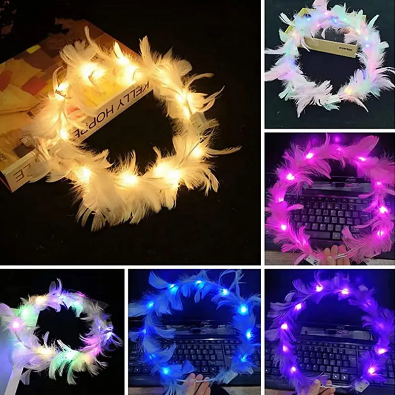 6 Pezzi Corona Di Fiori Led Corona Di Piume Fascia Luminosa Illuminata Piuma Angelo Corona Ghirlanda Fasce Festa Di Nozze