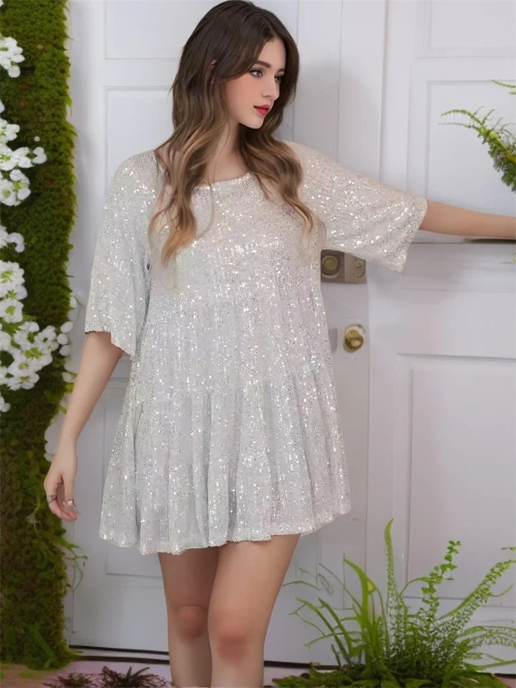 Wmstar Women Dresses Women Wholesale Loose Round Neck Loose Waist Short Sleeve Sequins Party Sweet fashion Dress Dropshopping