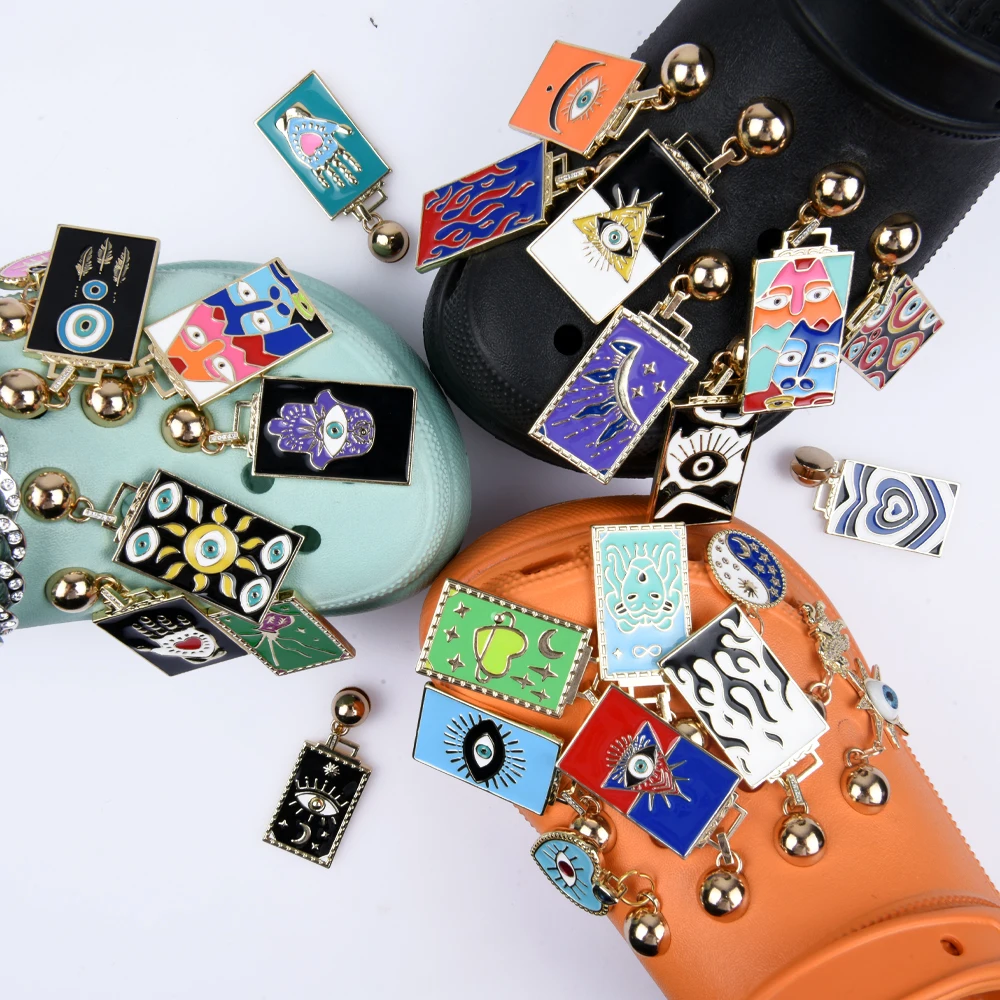 

Hot Sale 1 Pcs Metal Croc Shoe Charms Cartoon Colorful Eyes Clog Shoes Decorations Heavy Light Square Heart Chains Accessories