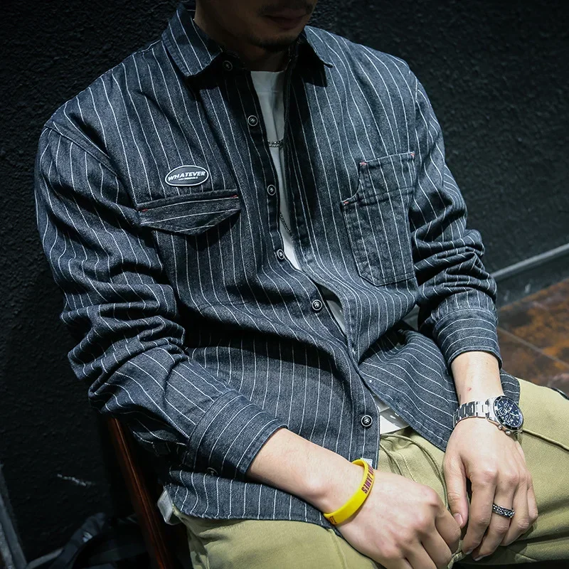 Denim Striped Long Sleeve Shirt Men's Loose Large Size Casual Shirts Workwear Vintage American Heavy Cotton Cargo Shirt Coats