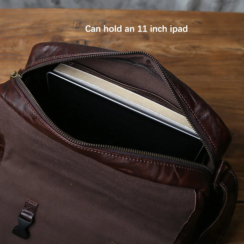 NZPJ Men's Vintage Genuine  Leather Shoulder Bag Top Layer Cowhide Large Capacity Messenger Bag Suitable For 11-Inch IPad