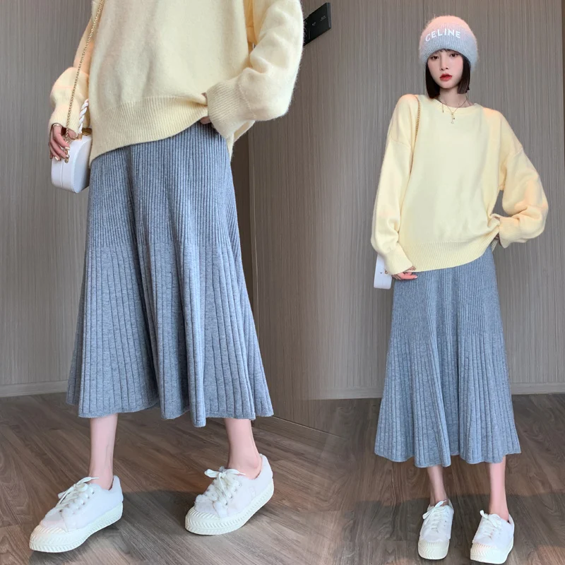 Winter Pregnant Women High Waist Belly Skirts Fashion Knitted Skirts Adjustable Waist Long Loose Maternity Empired Pleated Skirt