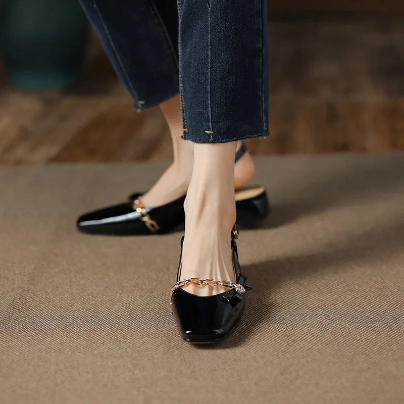 

Phoentin Patent Leather Party slingback pumps chain Decoration Sandals brand new Women Elegant square toe mid Heels Shoes FT2896