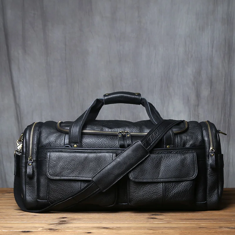 Bolsa de equipaje de viaje de cuero, bolso de mano retro para hombre, Negro  