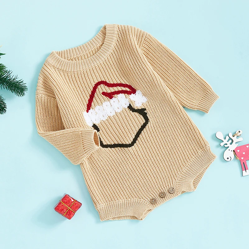Description Picture 4 of itemBaby Sweaters Romper Christmas Hat Embroidered Long Sleeve Round Neck Ribbed Knitted Pullover Jumpsuits
