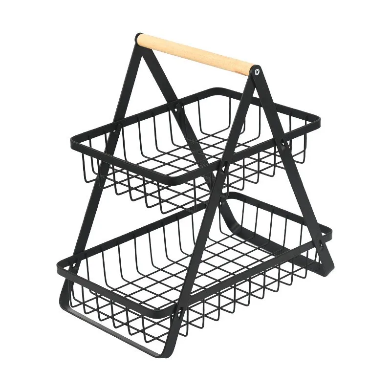 2 Tier Fruit Basket,Portable Fruit Bowle Basket for Kitchen Organizer Storage Detachable Metal Rectangle Basket with Wood Handle 5