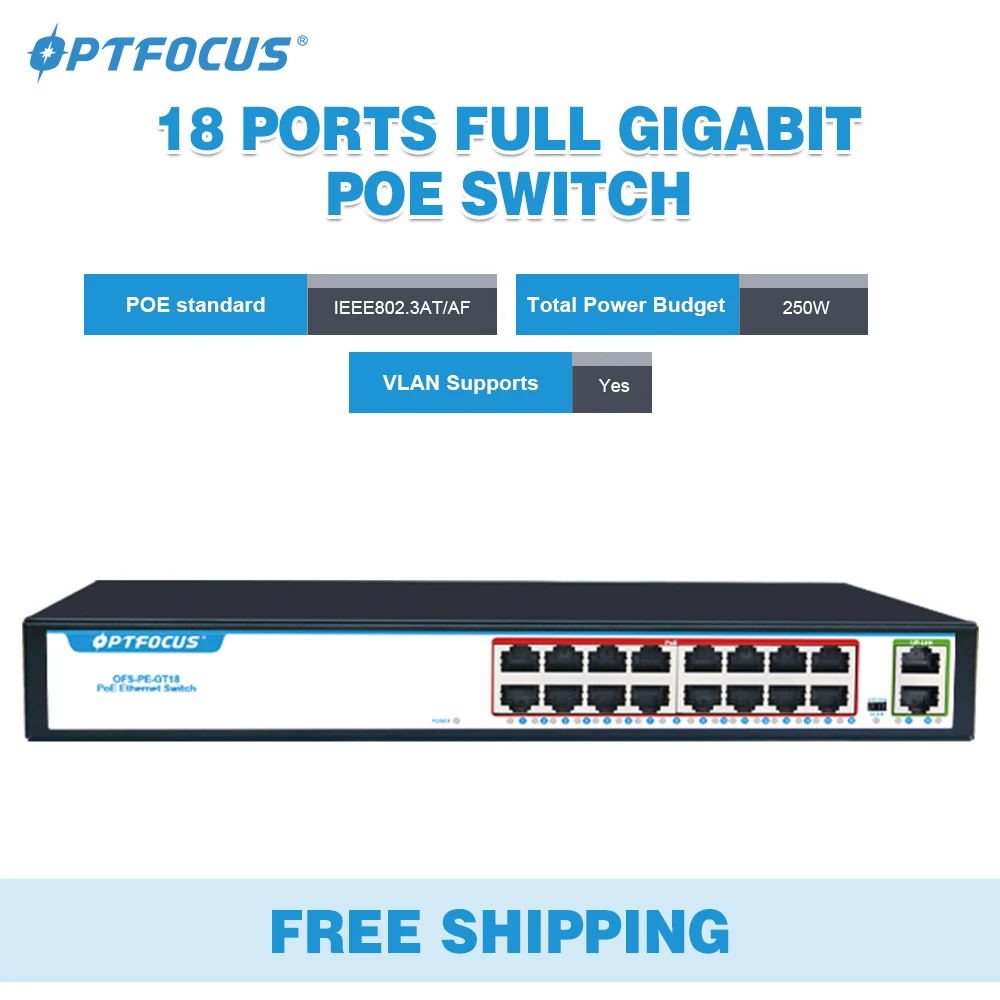 

OPTFOCUS POE Switch Vlan 48V POE 16 Port 1000 Mbps +2 Uplink Rj45 Ethernet Switch Gigabit