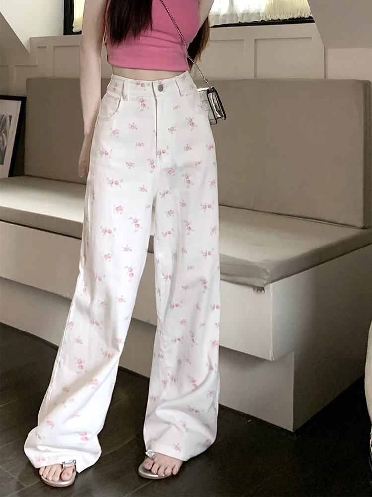 

Модные цветочные женские милые джинсы корейские элегантные широкие брюки с высокой талией свободные Универсальные женские повседневные джинсовые брюки
