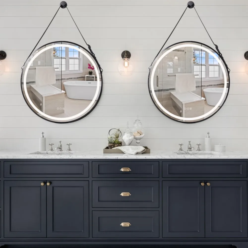 LUVODI 32" Large Round Bathroom Light Mirror With Touch Sensor Black Gold Frame Bathroom Mirror with LED Lights Detachable Rope 5