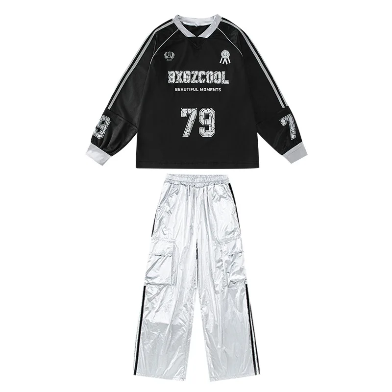 Kids Boys Girls Streetwear Hip Hop Long Sleeve Football T-shirt Silver Leather Cargo Pant Sets Tracksuit Children Stage Clothing