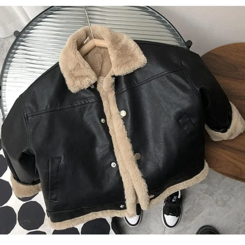 Kids Leather Jackets Boys Girls Black Fleece 2-11Y