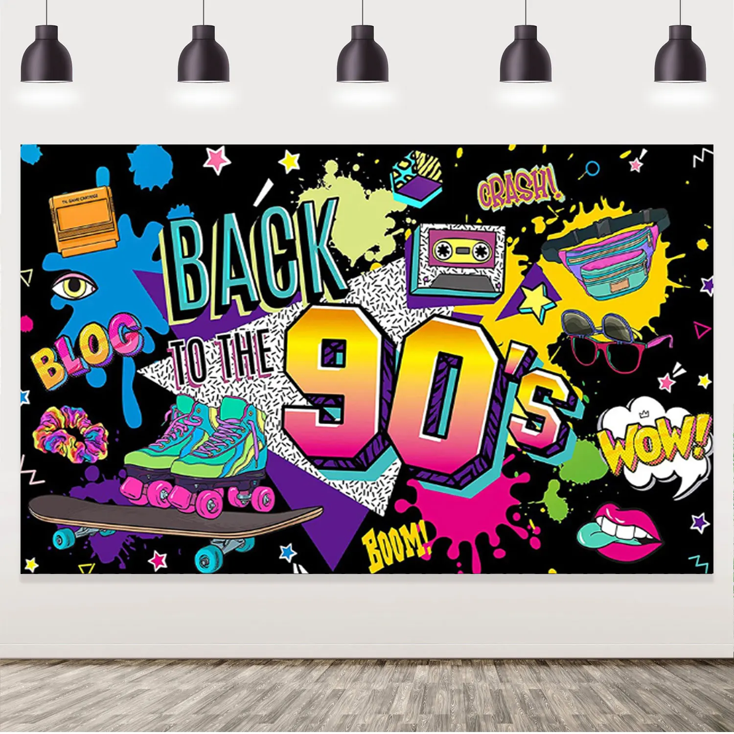

JOYMEMO 90s Background Decoration Back To The 90s Backdrop Radio Skateboard Graffiti Birthday Party Background Photography Props