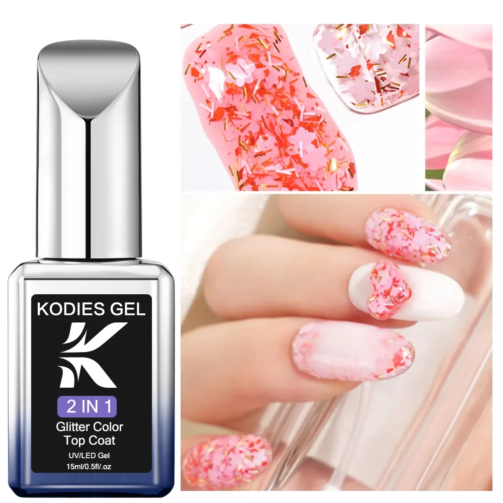 KODIES GEL Flower Glitter Top Coat No Wipe Gel Nail Polish 2 IN 1 Clear Pink Topcoat Long Lasting Strong Manicure Gel Varnishes 6