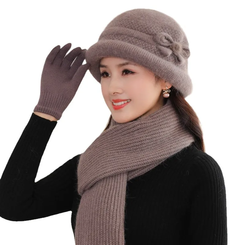 

Women Winter Hat Keep Warm Cap Add Fur Lined CAPS And Scarf Set Warm For Female Casual Rabbit Fur Winter Knitted Bonnet