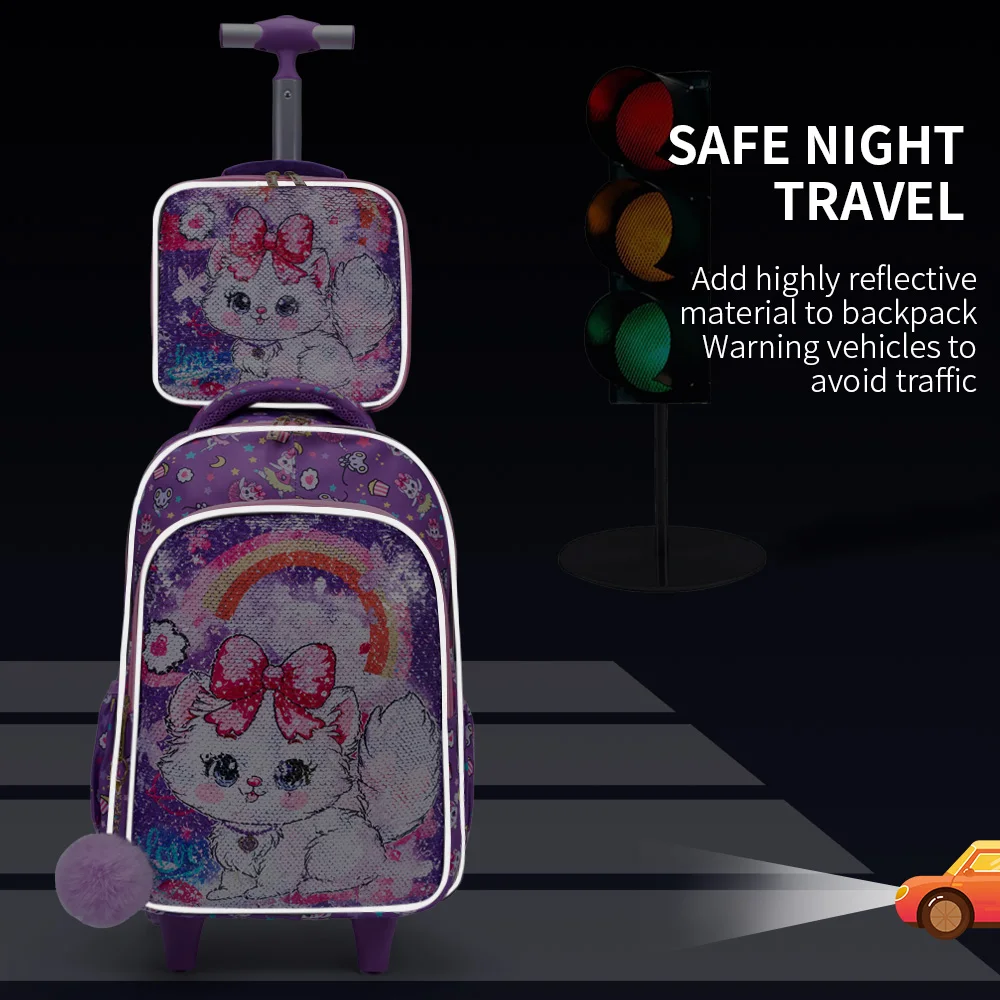 3PCS Set Rolling Backpack For Girls, Cute Cartoon Cat Sequin Design Wheeled Bags With Lunch Box And Pen Bag-Pink And Purple 5