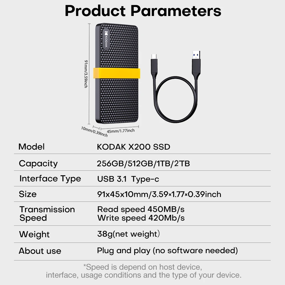 코닥 외장 하드 드라이브 1TB 휴대용 SSD 하드 디스크 512GB 고속 외장 솔리드 스테이트 드라이브 노트북 PC용 모바일 하드 드라이브