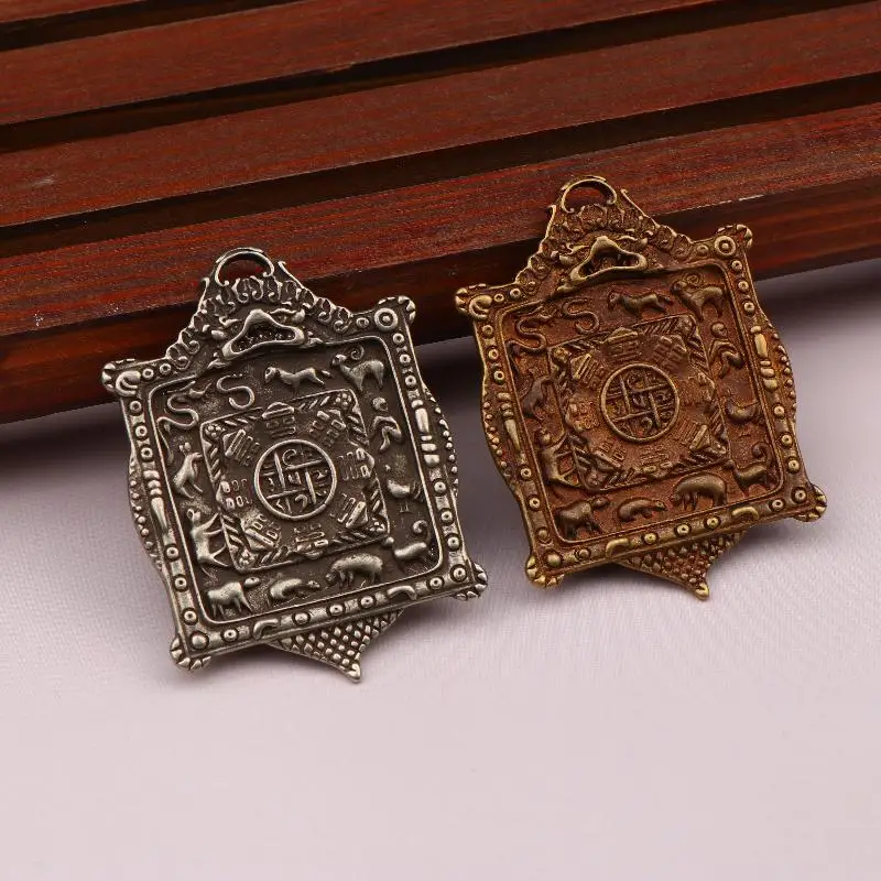 Old Bronze Dharma Tool Jiugong Card Tibet 12 Zodiac Sign Horoscope Pendant For Mens Womens Hainging Keyring Charms Gift