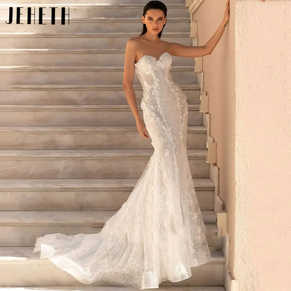 

JEHETH Princess Mermaid Sweetheart Neck Wedding Dress 2024 Classic Lace Applique Bride Gown Backless Sleeveless Vestido De Novia