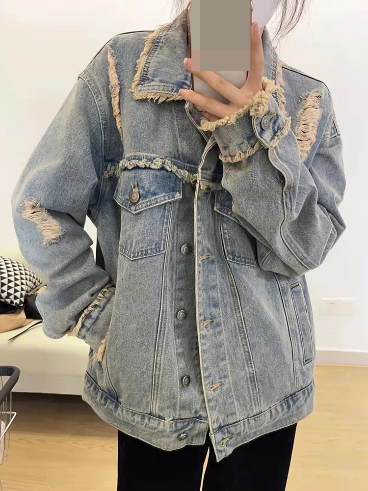 Retro raw edge vintage denim jacket Women's Spring and Autumn loose casual  Long sleeved jacket Top trend autumn winter retro brown rough edge wide leg shorts women s high waist slimming loose jeans