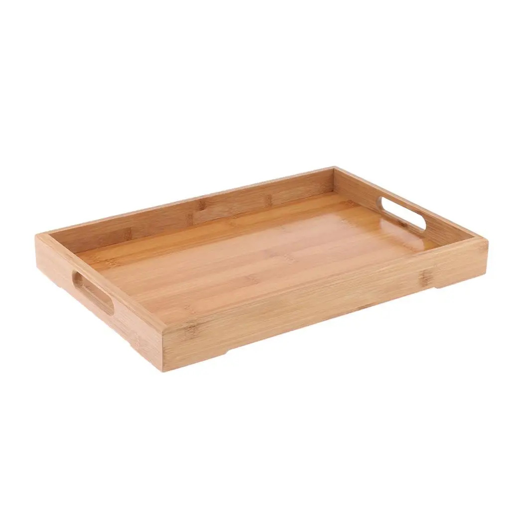 Natural Bamboo Wooden Serving Tray Food Tea Fruit Dinner Tray with Handles for Holding Utensils Teapot Teacups