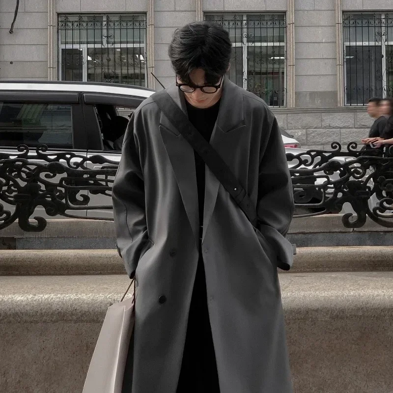 Autumn New Coats Loose Mid Length Over Knee Thin Windbreaker Handsome Shoulder Padded Suit Jacket for Men Trench Coat 2
