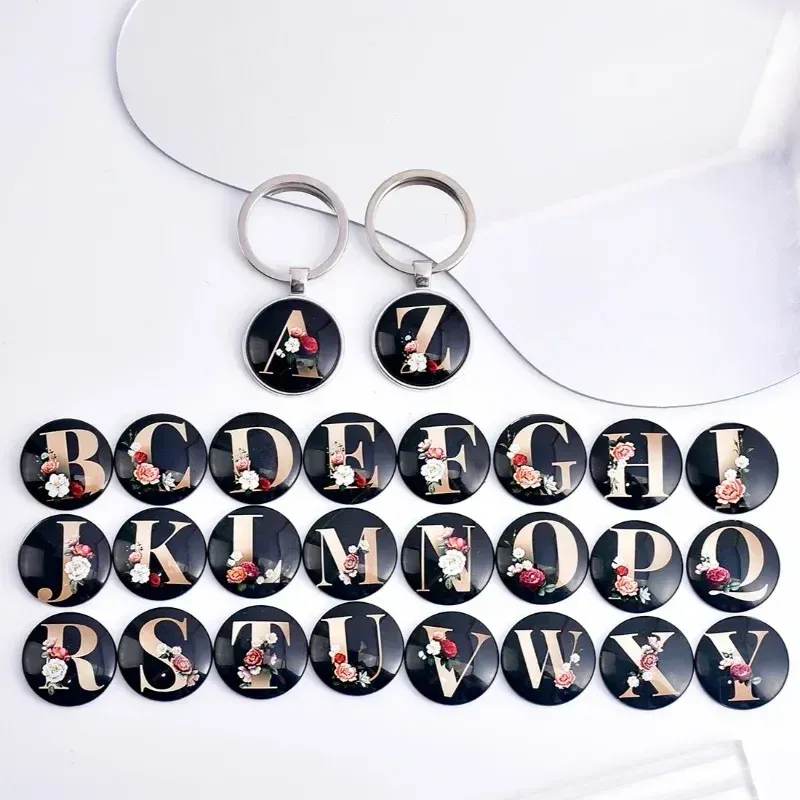 New Popular Metal Keychain 26 English Alphabet Time Gemstone Pendants Women's New Cross-Border Small Gift Key Ring Accessories