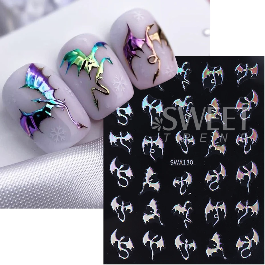3pcs Metallic Flying Dragon Nails Stickers Gold Silver Laser Flying Devil Bat Design Nail Decals DIY Halloween Manicure Decor