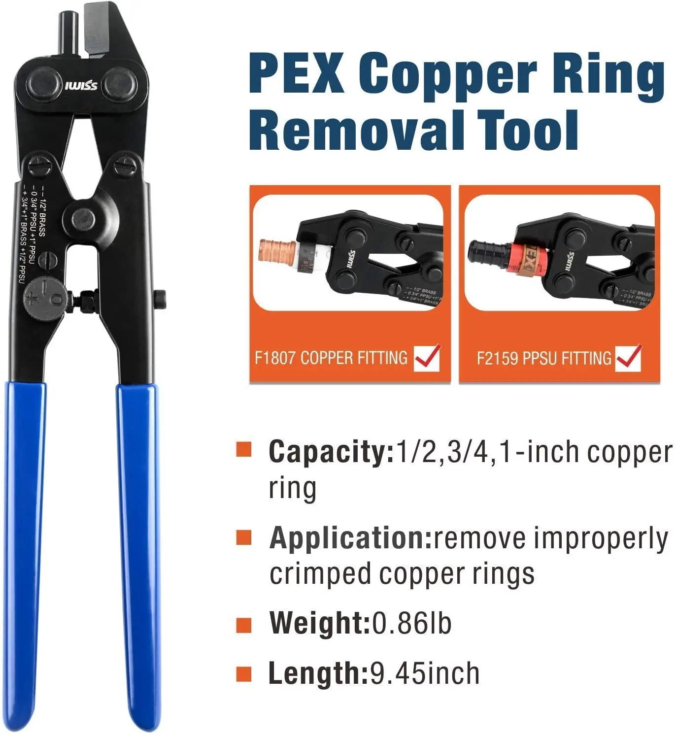 IWISS F1807 PEX Crimper Copper Pipe Crimping Tool Kit with 3/8'' 1/2