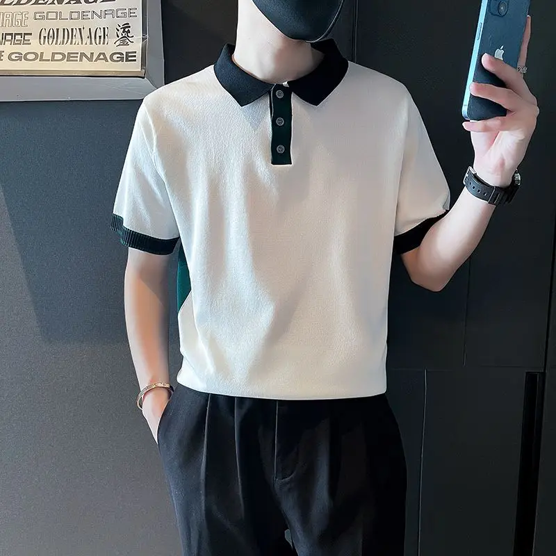 

Men Patchwork Polo Shirt Pullover Summer Polo-shirt Wash-and-wear Soft Handfeel Classic Slim Fit Men Lapel Polo Shirt X60