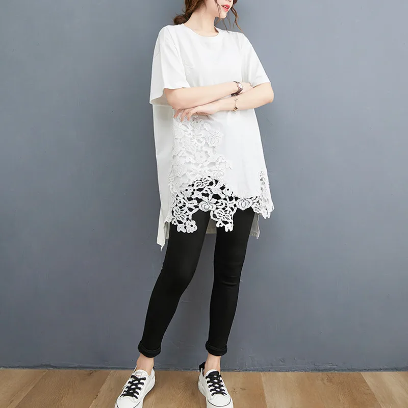 

Summer Women T-shirt Cotton Lace Tshirt Fashion Lady Tops Tee Tunic Shirt Loose Casual Black Hollow Out Clothing Tees Fashion