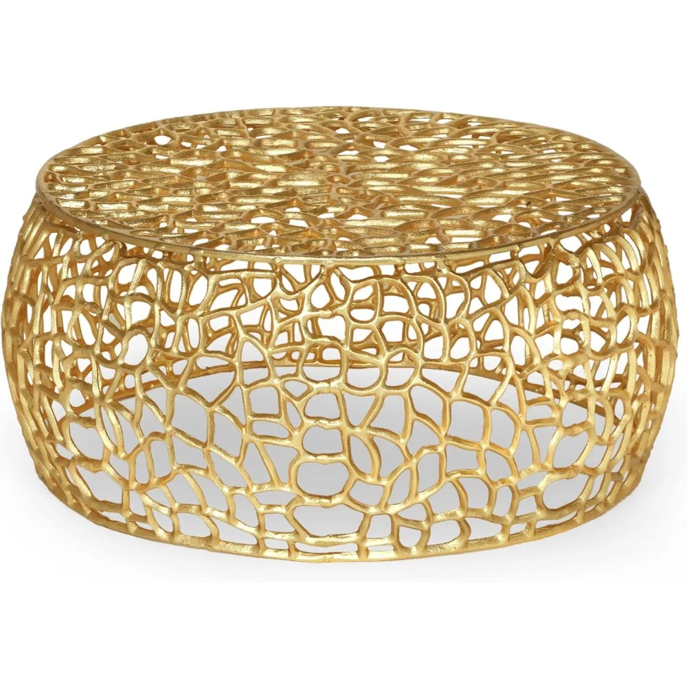 Modern Solid Aluminum Round Coffee Table with Intricate Design, Mesh Round Coffee Table Cocktail Table Creative Center Table for 3