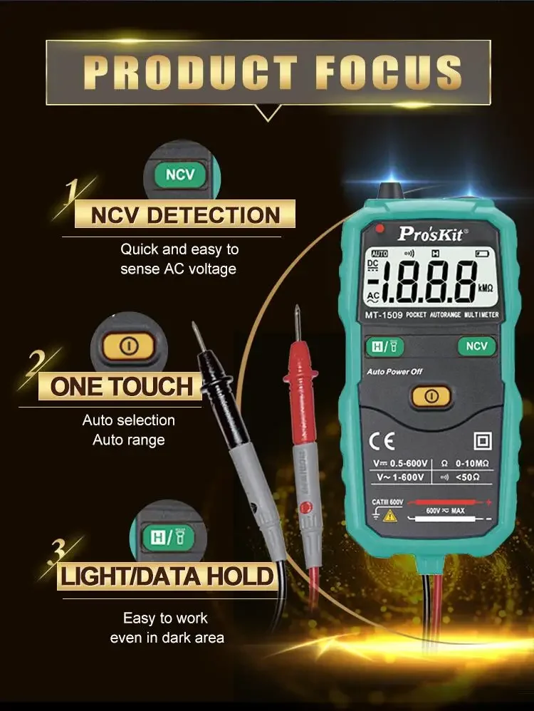 Pro'sKit MT-1509/MT-1510 Autorange Multimeter Non-contact ACV detector LED flashlight CE EN61010-1 CATIII 600V