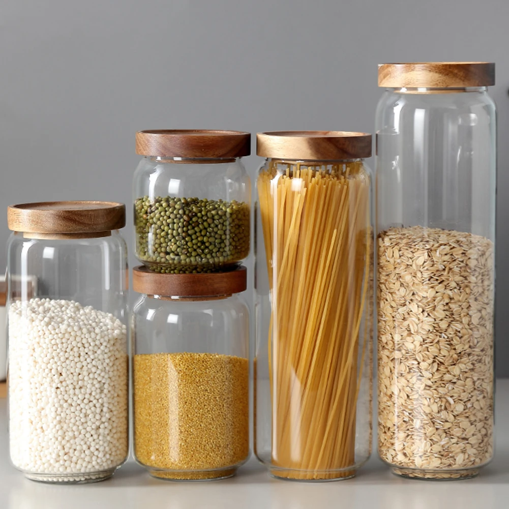 Tall Borosilicate Glass Airtight Wooden Lid Storage Jar Pasta Rice