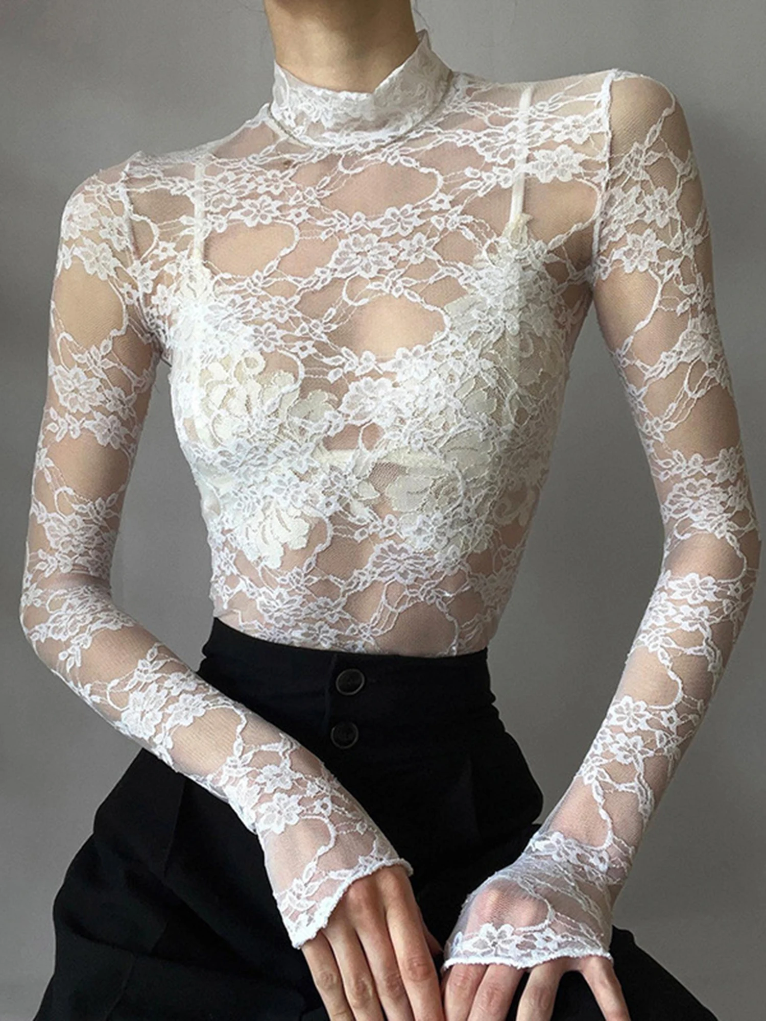 Women Lace Floral Slim T-Shirt White Long Sleeve Mock Neck Crop Tops White See Through Shirt Tops Fairy Grunge 2000s Streetwear