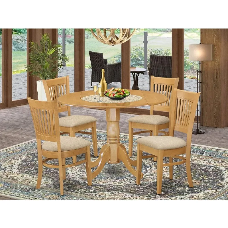 

DLVA5-OAK-C Dublin 5 Piece Kitchen Set Includes a Round Dining Room Table with Dropleaf and 4 Linen Fabric Upholstered Chairs,