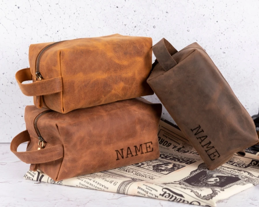 

Custom Groomsmen Brown Leather Toiletry Bag,Personalized Mens Travel Shaving Dopp Kit,Handmade Men's Purse Valentines Day Gift