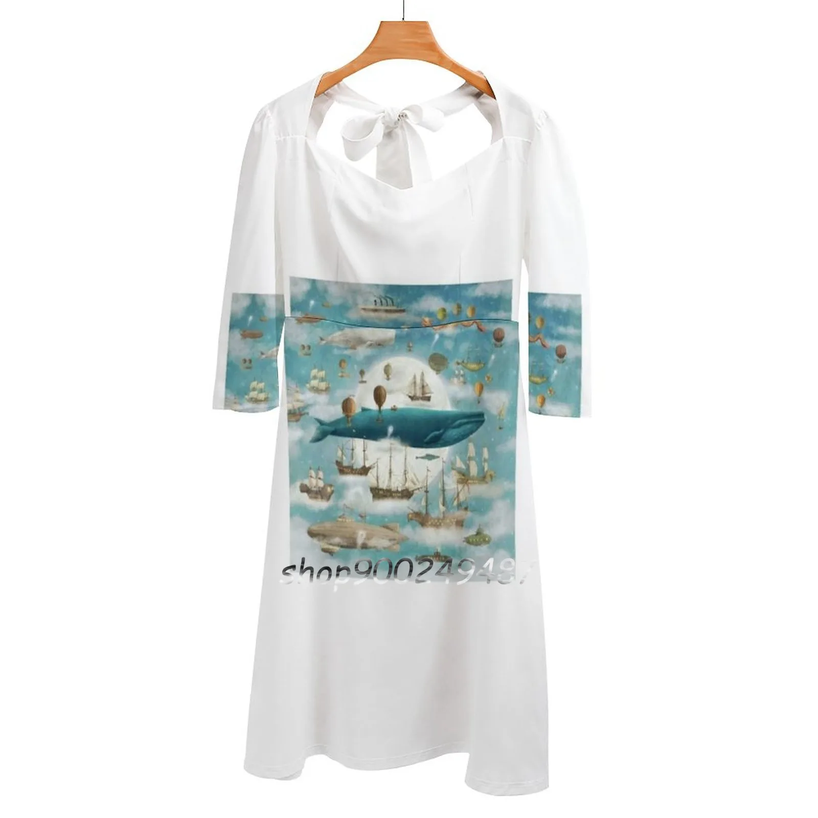 Ocean Incontra Sky-Book Abito Collo Quadrato Nuovo Plus Size Elegante Abito Da Donna Attillato Balena Bluewhale Blue Whale Navi Nautiche