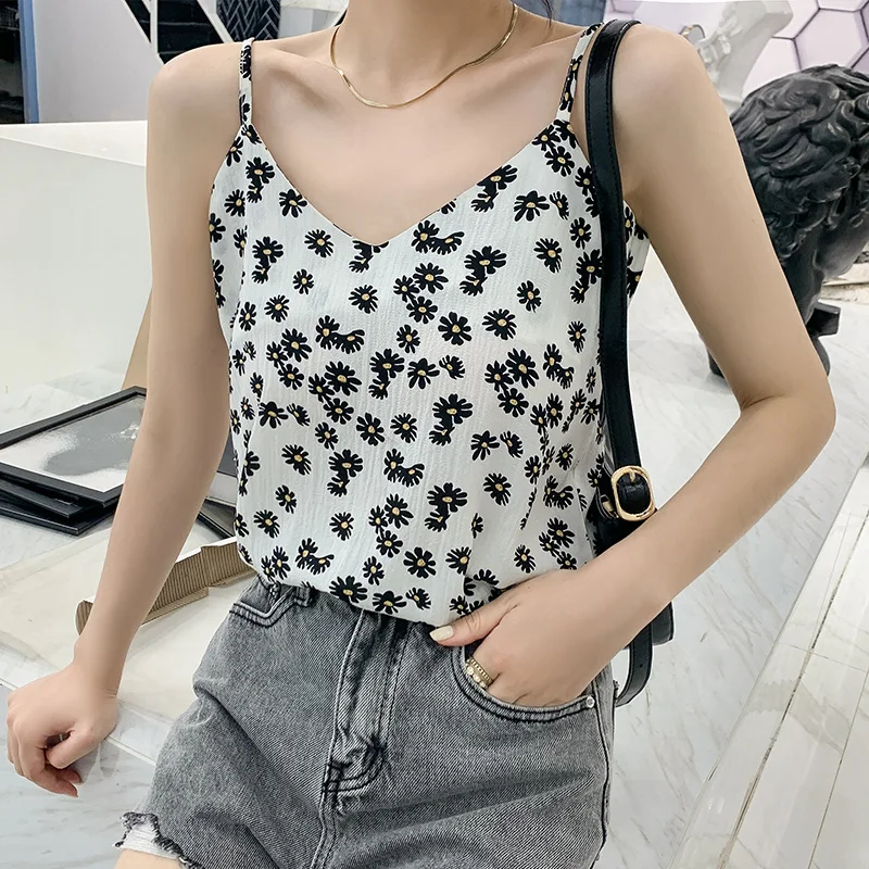 Women's Vest Sleeveless Tops Fashion  V-neck Stitching Sexy Printing Chiffon Loose Summer cotton camisole