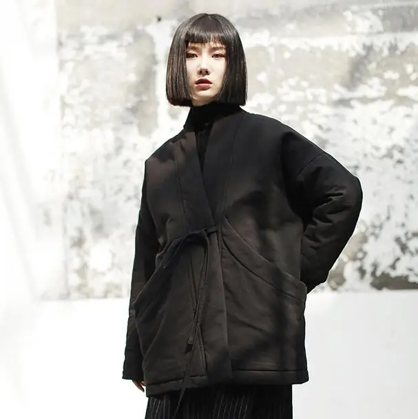 

Japanese Style Women Cotton Coat Kimono Jacket Winter Thick Black Vintage Out