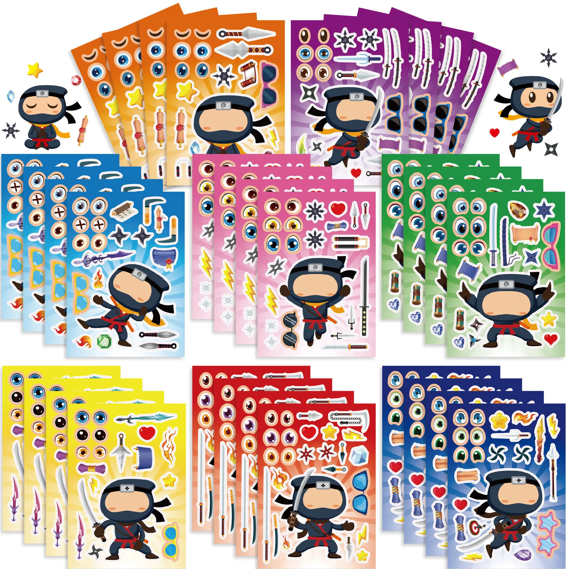 8/16 Blatt Japan Ninja Make a Face Puzzle-Aufkleber Machen Sie Ihr eigenes DIY-Spiel Kinder-Cartoon-Puzzle-Bildungsaufkleber Partygeschenke