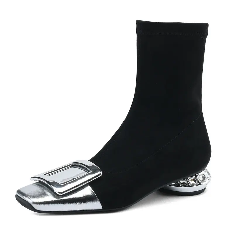 

Women Ankle Boots Patchwork Square Toe Low Heels Genuine Leather Office Ladies Casual Dress Shoes Size 34-42