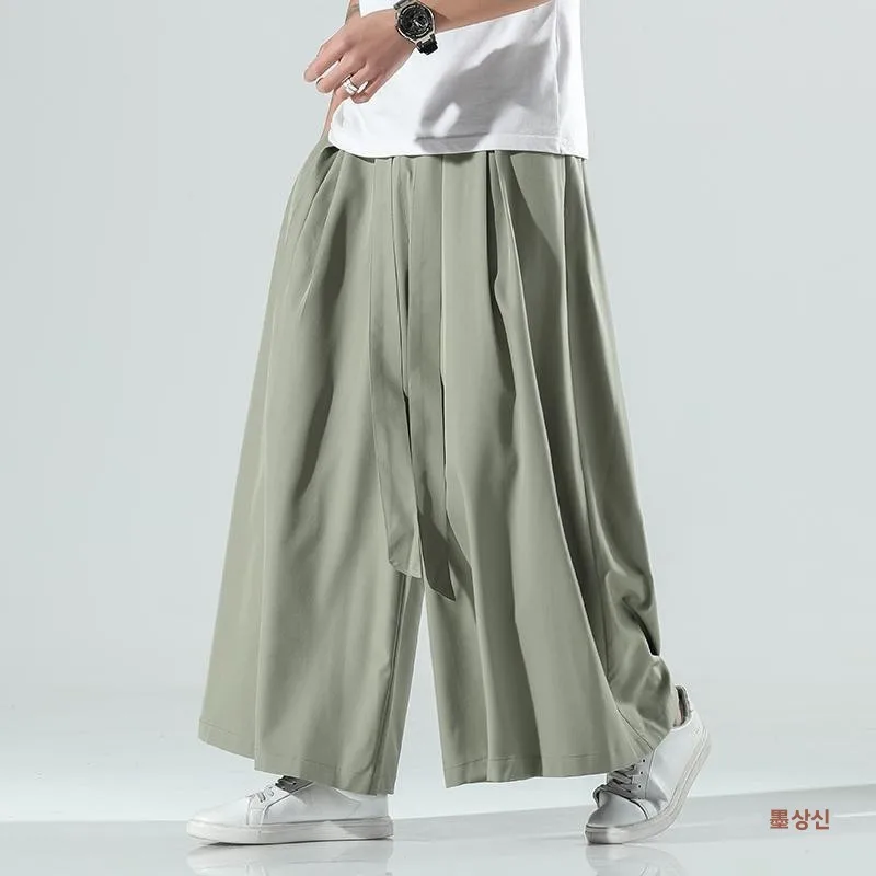 루즈핏 남성 캐주얼 팬츠 아이스 실크 와이드 레그 팬츠 중국풍 빈티지 당나라 의상 한푸 스트레이트 레그 롱 트라우저