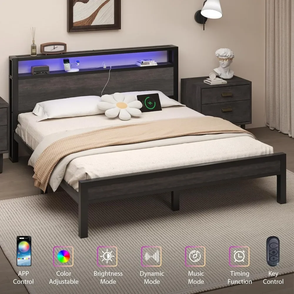Bed Frame with Storage Headboard, Industrial Platform Bed with Charging Station and LED Lights, Heavy Duty Metal Slats 5